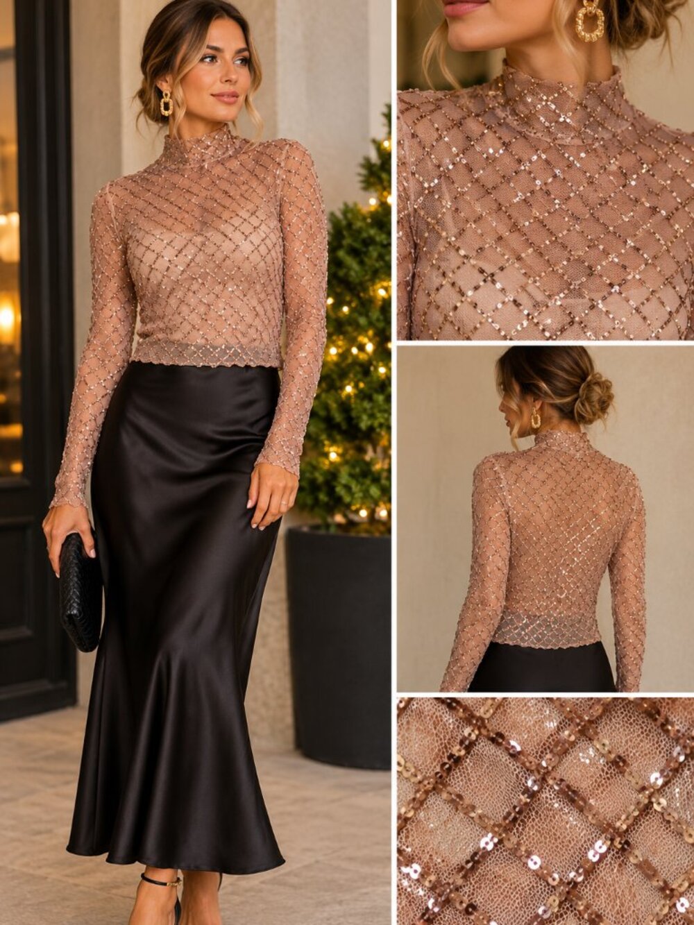 Pilcro Anthropologie Rose Gold Sequin Mesh Mock Neck Top S Holiday Party